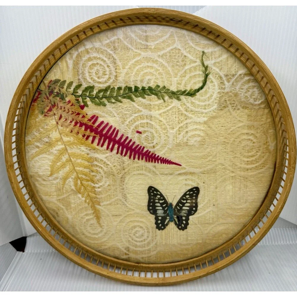 70's Round Bamboo Tray With Pressed Ferns & Butterfly Excellent Condition